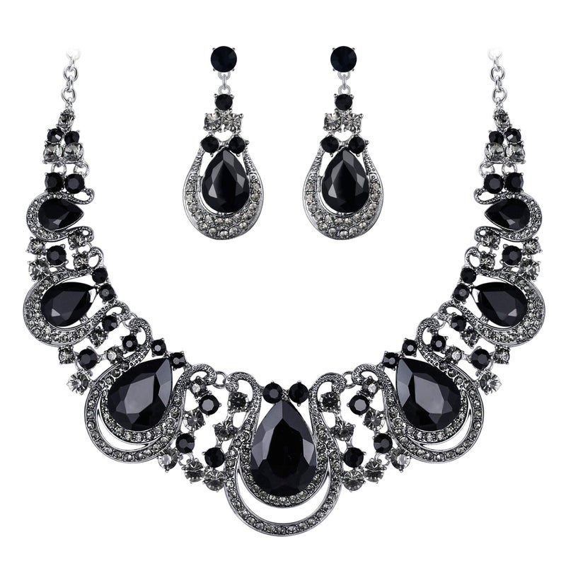 BriLove Costume Fashion Jewelry Set for Women Crystal Teardrop Hollow Scroll Statement Necklace Dangle Earrings Black Silver-Tone - Image 1